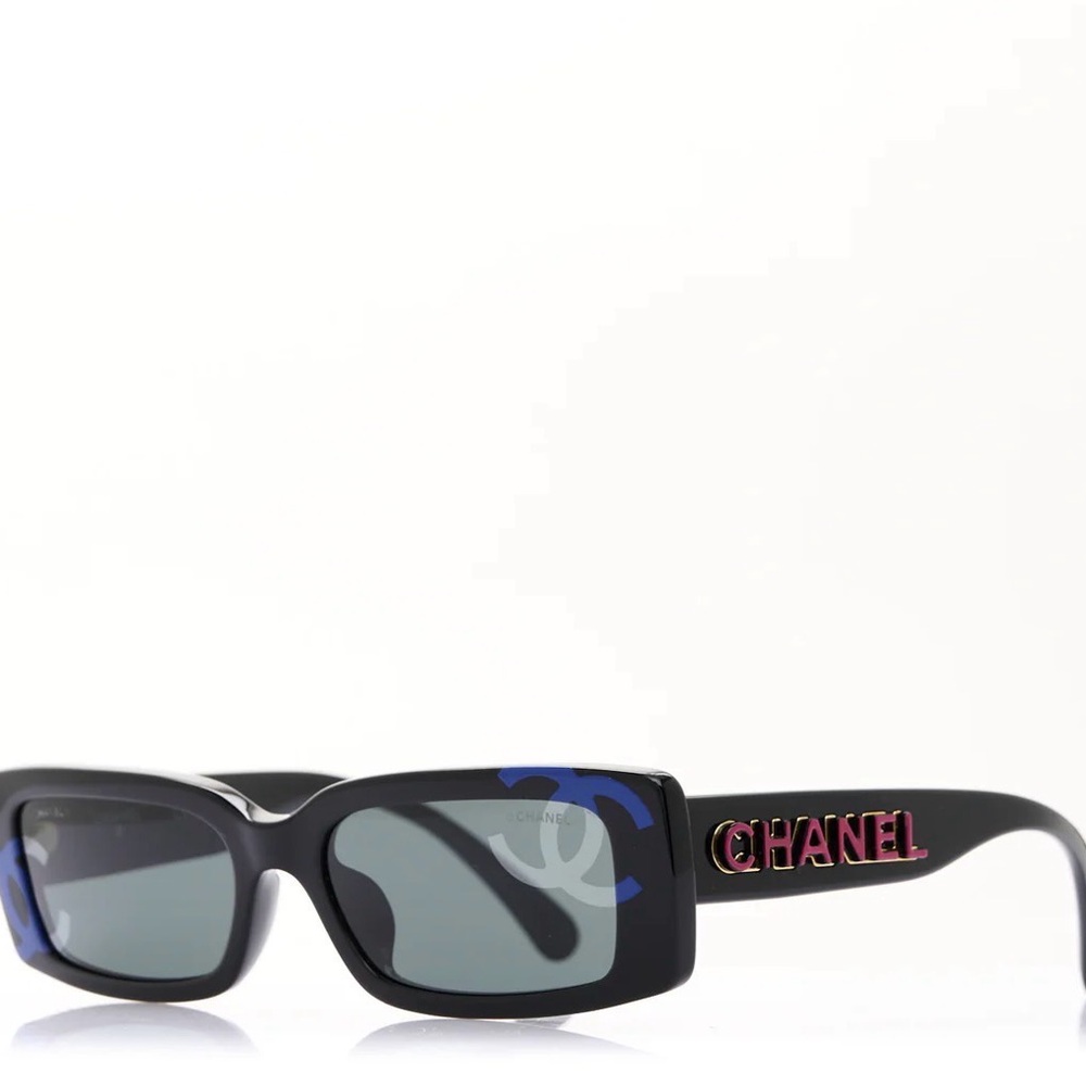 CHANEL Black Sunglasses with Blue CC Accent and Pink Logo